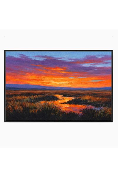 Luxcanva Tablou Canvas Apus Pe Campie 70x50 cm cu Rama Negru Apus Campie Peisaj