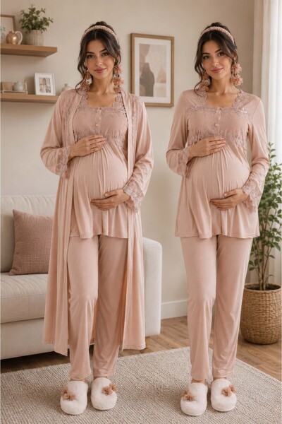 ByLohusa Comfortable Fit Long Robe Maternity Pajama Set Effortt - Beige