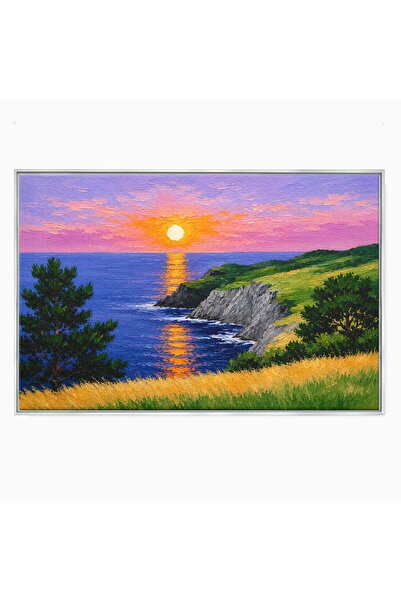 Luxcanva Tablou Canvas Apus Pe Tarmul Marii 70x50 cm cu Rama Argintiu Apus Ma...
