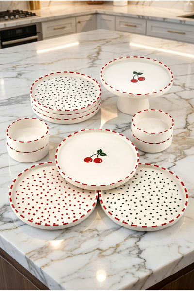 Kitchen Life 11 Parça 6 Kişilik Cherry Stackable Kahvaltı Takımı - Kirazlı Kahvaltılık Sunum Tabağı