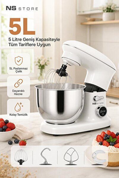 NS Store Dijital Göstergeli 5 Litre Profesyonel Stand Mikser Hamur Yoğurma Makinesi 1400W Beyaz