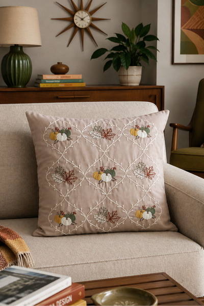 Pilloveland Premium Embroidered Cushion Cover - 43*43 cm - Beige Autumn - Pnk001