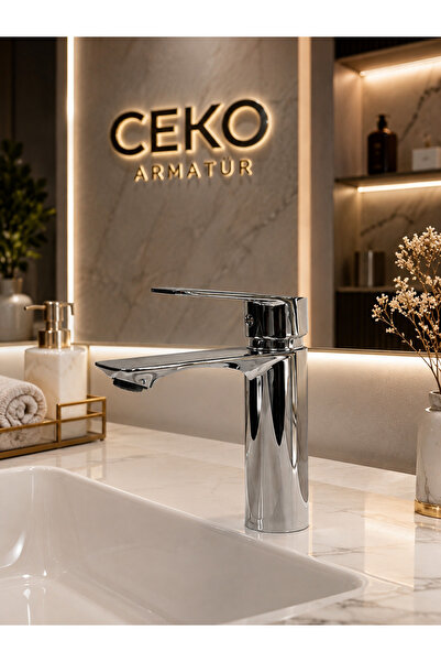 CEKO ARMATÜR Krom Sabit Lavabo Bataryası – Modern Tasarım, Sıcak Soğuk Göstergeli, Tek Kumandalı
