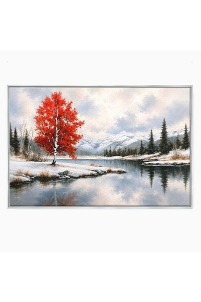 Luxcanva Tablou Canvas Peisaj De Iarna Cu Arbore Rosu 120x80 cm cu Rama Argin...
