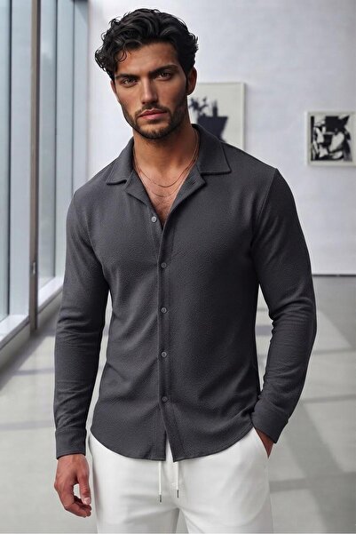 CAST COLLECTİON Men's Anthracite Crepe Lycra Fabric Long Sleeve Shirt