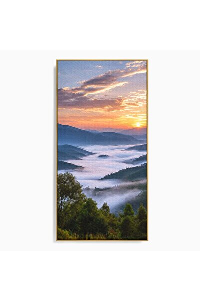 Luxcanva Tablou Canvas Rasarit Peste Munti 50x100 cm cu Rama Auriu Peisaj Mun...