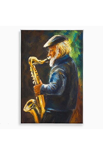 Luxcanva Tablou Canvas Saxofonistul Nostalgic 50x70 cm cu Rama Argintiu Muzic...