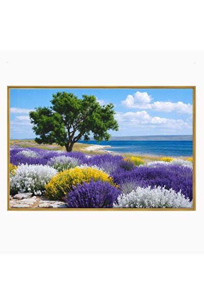 Luxcanva Tablou Canvas Peisaj De Vara Cu Lavanda 120x80 cm cu Rama Auriu Peis...