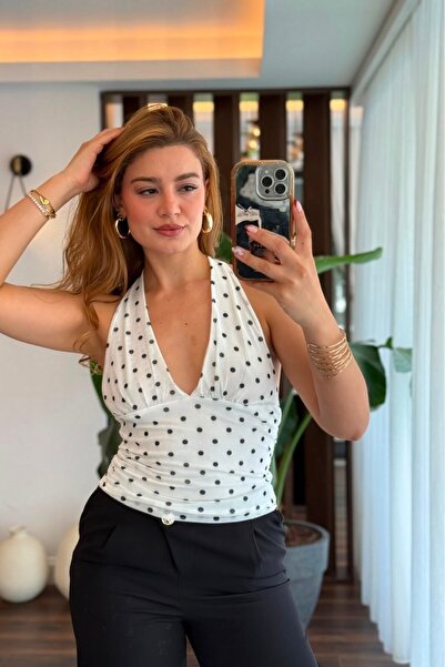 Raneel Kazançlı Alışveriş Women's Polka Dot Halter Neck Lined Chiffon Blouse ...