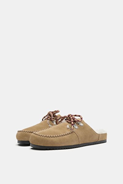 Buti Allbucks Pullbear Lace-Up Faux Wool Genuine Leather Clog Slippers Abpnb0...