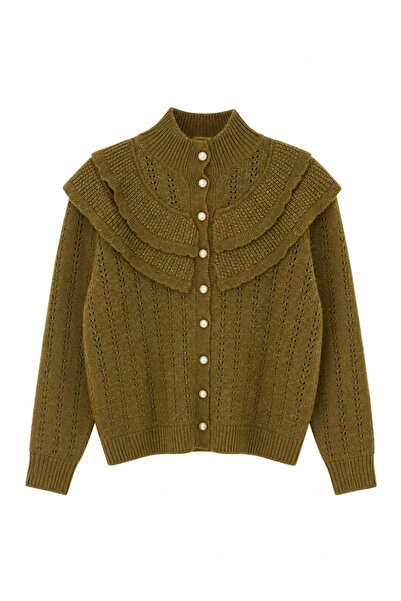 Retrobird Maisie Ruffle Detailed Pearl Buttoned Knitwear Cardigan Women's Khaki