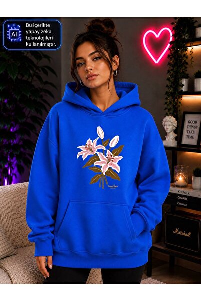 caddekombin Women's Pink Lily Flower Printed Hooded Kangaroo Pocket Cotton Ca...