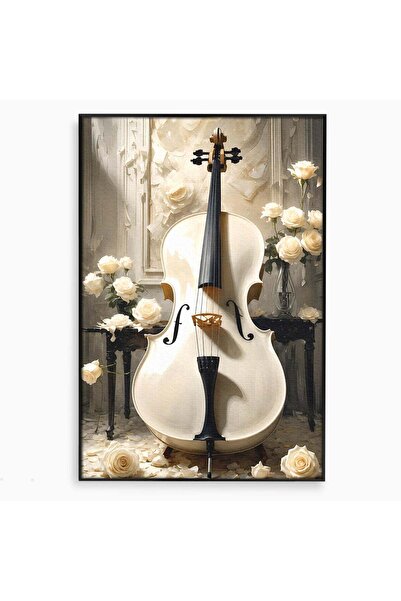 Luxcanva Tablou Canvas Violoncelul Alb 70x100 cm cu Rama Negru Violoncel Flor...