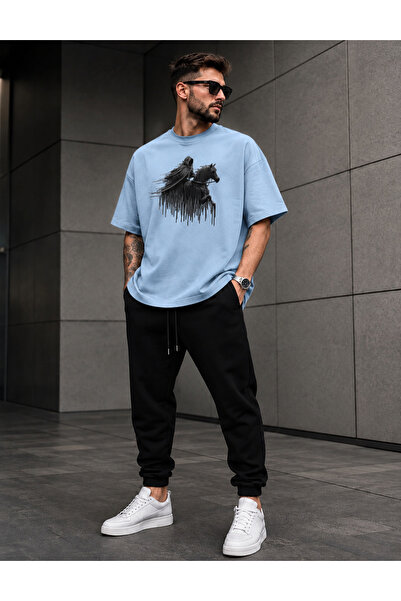 ZAVIXO Men's Cotton Oversize Horse Figure Printed T-Shirt Crew Neck Short Sle...