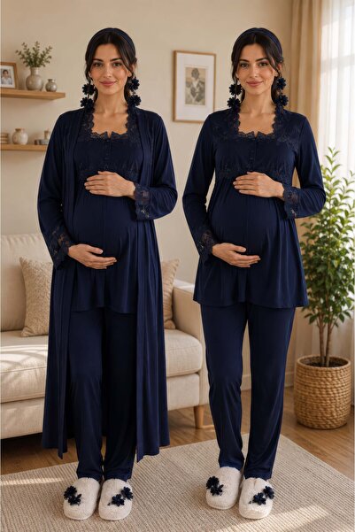 ByLohusa Comfortable Fit Long Robe Maternity Pajama Set Effortt - Navy Blue
