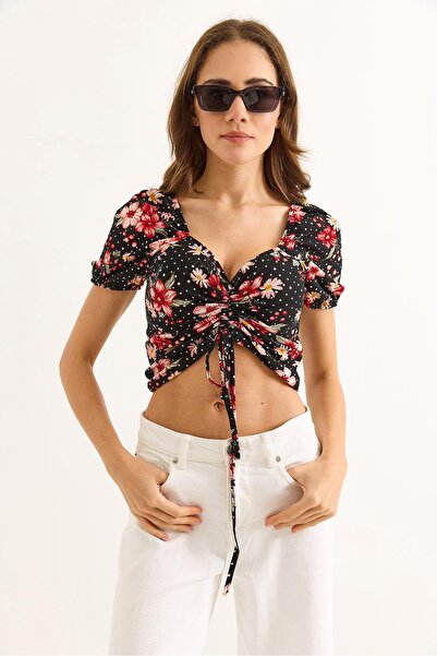 Raneel Kazançlı Alışveriş Patterned Princess Sleeve Front Gathered Blouse Black