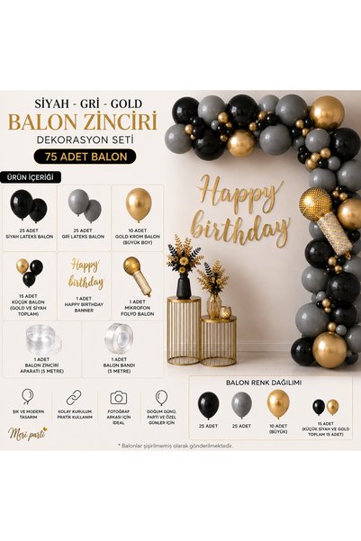 MERİ PARTİ Manifest Themed Black Gray Gold Balloon Chain Set – 75 Pieces Happy Birthday Microphone Themed Decoration Microphone Foil Balloon
