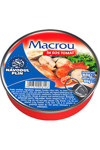 NAVODUL PLIN Macrou în sos de roșii, Greutate netă totală, 160 g