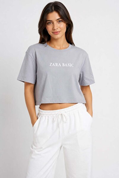 Raneel Kazançlı Alışveriş Women's Zra Printed Crop Tshirt Gray