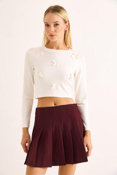Raneel Kazançlı Alışveriş Women's Ribbon Long Sleeve Crop Blouse White