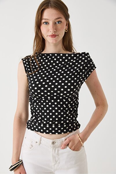 Raneel Kazançlı Alışveriş Women's Shoulder and Waist Gathered Polka Dot Blous...