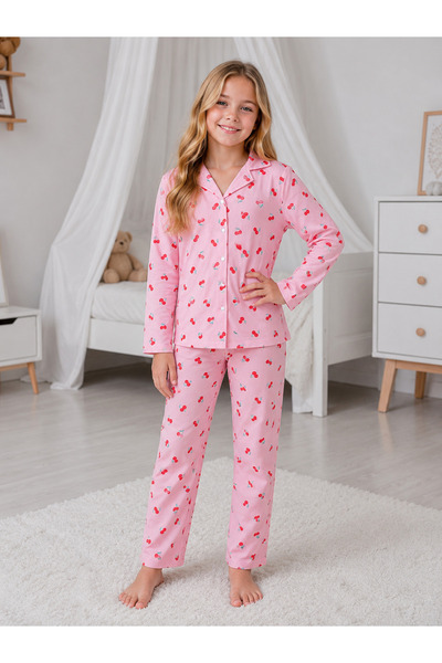 zahider Girl's Cotton Buttoned Long Sleeve Cherry Patterned Pink Color Pajama...