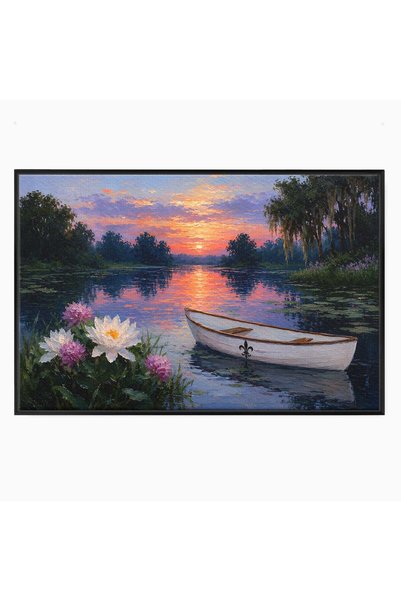 Luxcanva Tablou Canvas Barca Pe Lac La Apus cm cu Rama Negru Barca Lac Apus