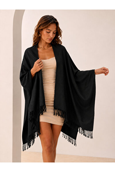 Luminos Butik Women's Black Tasseled Poncho Shawl – Casual Stylish Shoulder S...