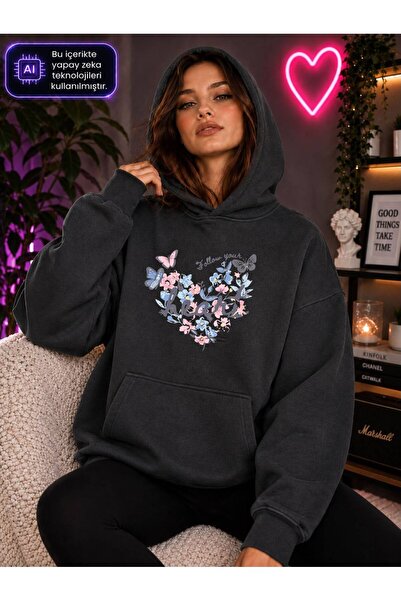 caddekombin Women's Follow Your Heart Butterfly Flower Printed Hooded Kangaro...