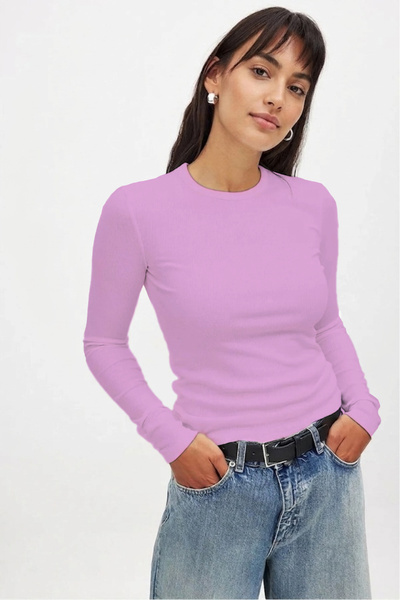 CHEISU Kadın Pembe Uzun Kollu Bisiklet Yaka T-shirt Bluz Kaşkorse Fitilli