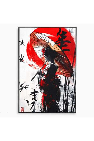 Luxcanva Tablou Canvas Geisha Cu Umbrela 70x100 cm cu Rama Negru Geisha Umbre...