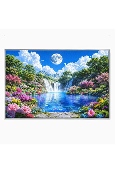 Luxcanva Tablou Canvas Cascada Lunara 70x50 cm cu Rama Argintiu Cascada Natur...