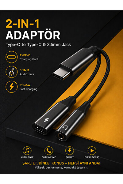 Genel Markalar A202 2-in-1 Type-C to Type-C ve 3.5mm Jack Adaptör PD 65W Hızl...