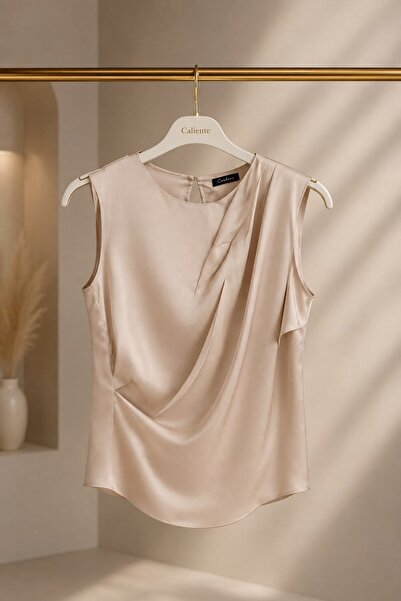 Raneel Kazançlı Alışveriş Women's Zero Sleeve Crew Neck Side Slit Blouse Beige