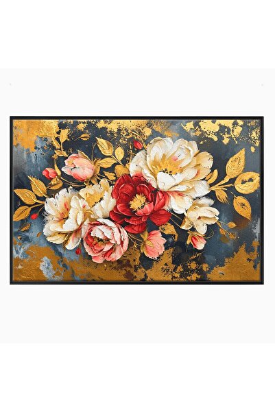 Luxcanva Tablou Canvas Flori Aurii Luxuriante 70x50 cm cu Rama Negru Flori Au...
