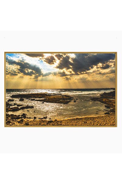 Luxcanva Tablou Canvas Apus Pe Tarmul Marii 70x50 cm cu Rama Auriu Apus Mare ...