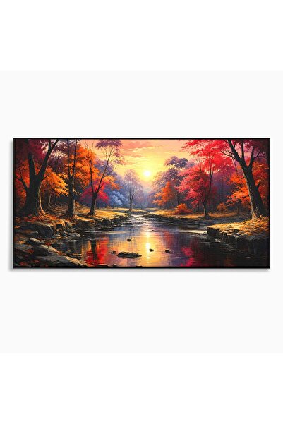 Luxcanva Tablou Canvas Apus Peste Râu 120x60 cm cu Rama Negru Apus Râu Copaci