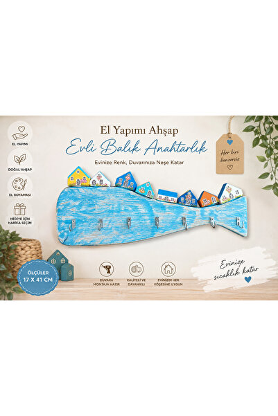 El Yapımı Ahşap Balık Anahtarlık – Dekoratif Duvar Askılığı 17x41 cm
