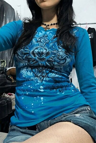 ARS Butik Blue Gothic Rose Harajuku Y2K Long Sleeve Crop