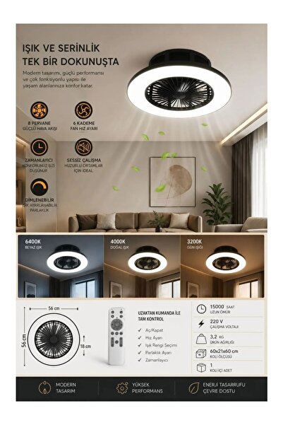 Cata CT-3011 Yıldız Kumandalı LED Tavan Vantilatörü 3 Renk Sessiz Tavan Fanı ...
