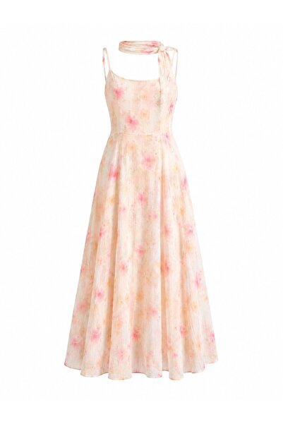 Laluvia Ecru Pink Floral Patterned Adjustable Strap Scarf Dress - 3449