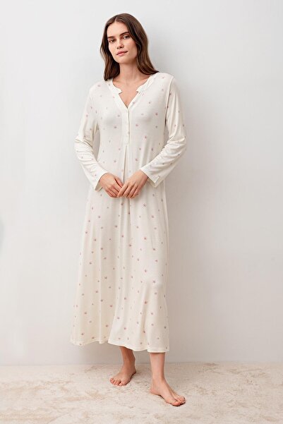 Artış Long Sleeve Patterned Buttoned Lycra Viscose Nightgown