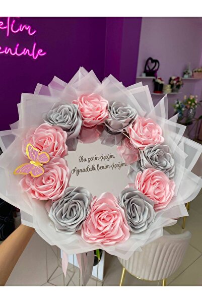 Buketim Seninle 11-Piece Mirrored Pink Gray Non-Fading Rose Bouquet, Satin Fl...
