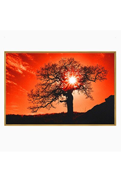 Luxcanva Tablou Canvas Silueta Arbore La Apus 120x80 cm cu Rama Auriu Arbore ...