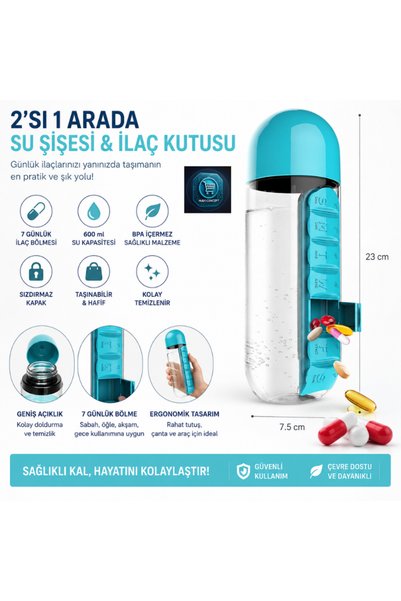 MAViHOME Su şişesi & İlaç kutusu 2'si 1 arada 600 Ml Matara Suluk