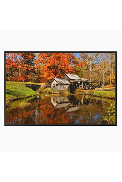 Luxcanva Tablou Canvas Moara De Toamna 100x70 cm cu Rama Negru Moara Toamna N...