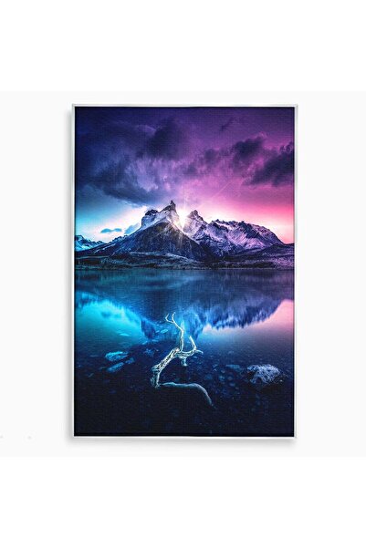 Luxcanva Tablou Canvas Munti Reflectati In Lac 70x100 cm cu Rama Argintiu Mun...