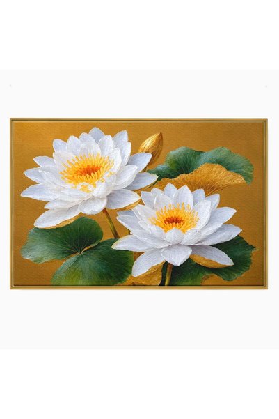 Luxcanva Tablou Canvas Serenitate Aurie 70x50 cm cu Rama Auriu Flori Lotus Na...