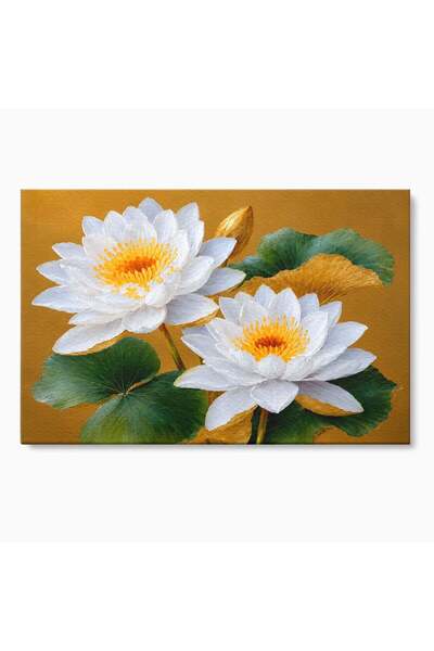 Luxcanva Tablou Canvas Serenitate Aurie 100x70 cm pe Sasiu Lemn Flori Lotus N...