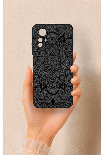 Vip Case Redmi Note 12S Uyumlu Siyah Beyaz Mandala Desenli Silikon Kılıf